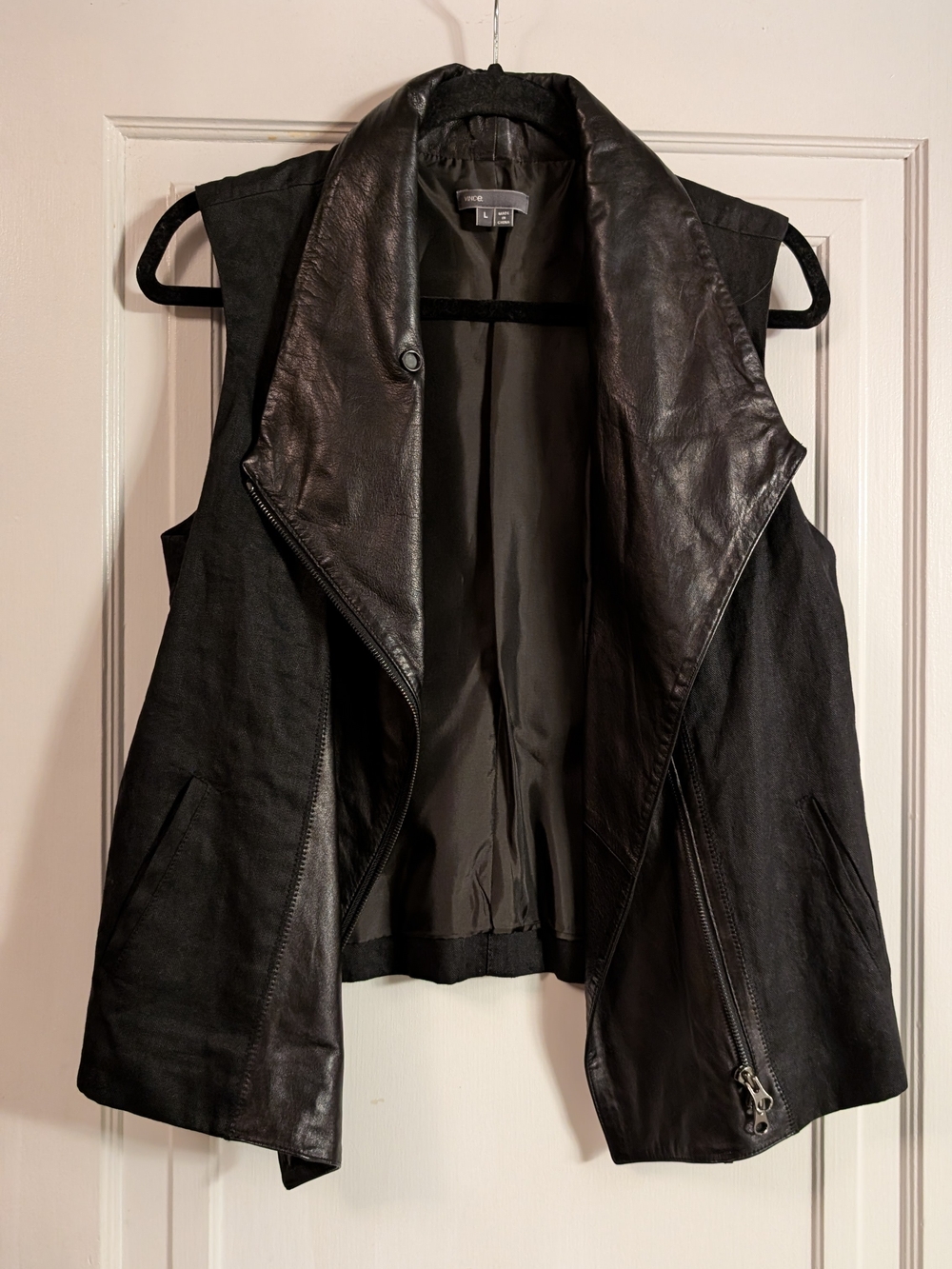 Vince Black Sleeveless Draped Genuine Leather-Trim Vest